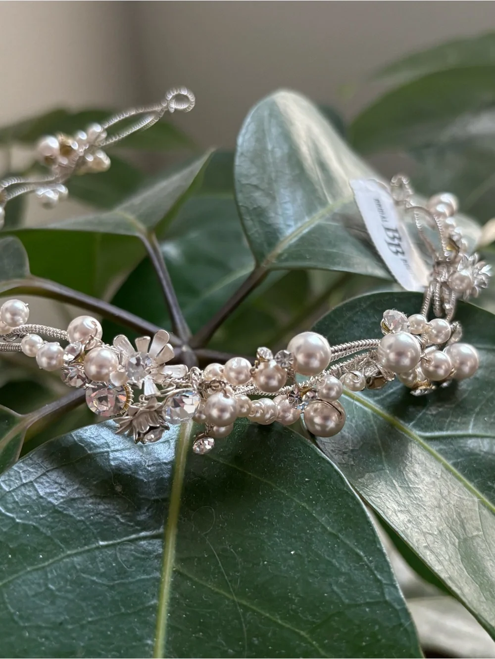 Pearl & Crystal Floral Moldable Bridal Hair Piece Silver Metal